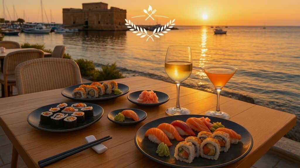 Best sushi restaurants in Paphos Cyprus with sea views, fresh sushi rolls, sashimi, and harbour dining featured by Restaurants Cyprus