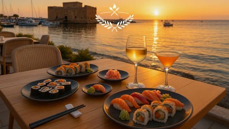 Best sushi restaurants in Paphos Cyprus with sea views, fresh sushi rolls, sashimi, and harbour dining featured by Restaurants Cyprus
