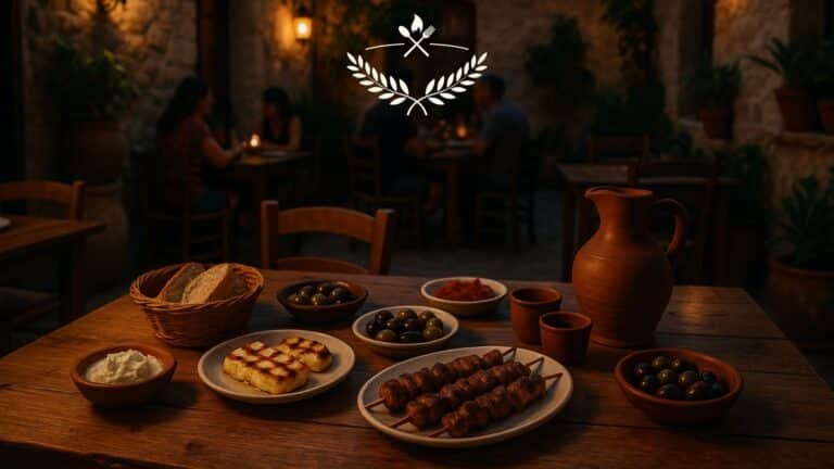 Hidden gem restaurant in Larnaca featured by Restaurants Cyprus with authentic Cypriot meze, grilled halloumi, souvlaki, olives, and local wine in a rustic taverna.