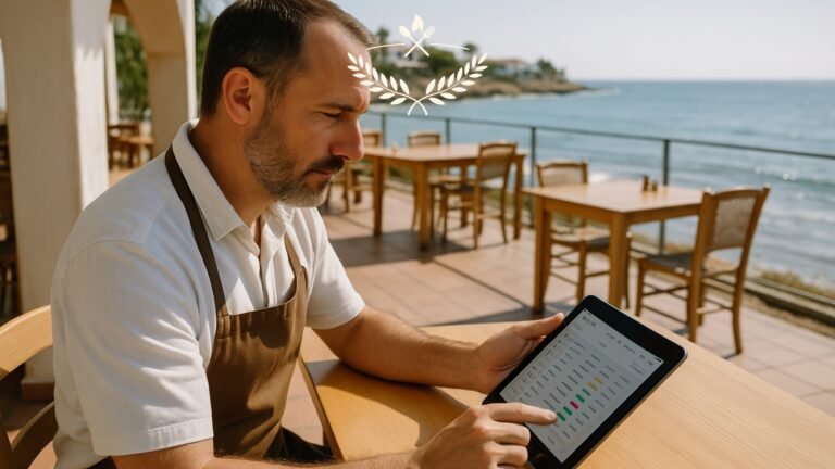Restaurant owner in Cyprus reviewing online advertising results and bookings through Restaurants Cyprus platform