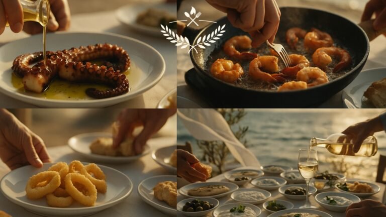 traditional fish meze spread by the sea in Cyprus with grilled octopus prawns and calamari featured on Restaurants Cyprus