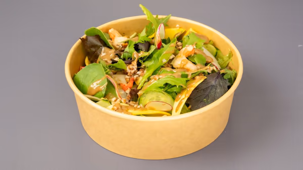 Prawn salad in a takeaway bowl from Sensi Food in Limassol